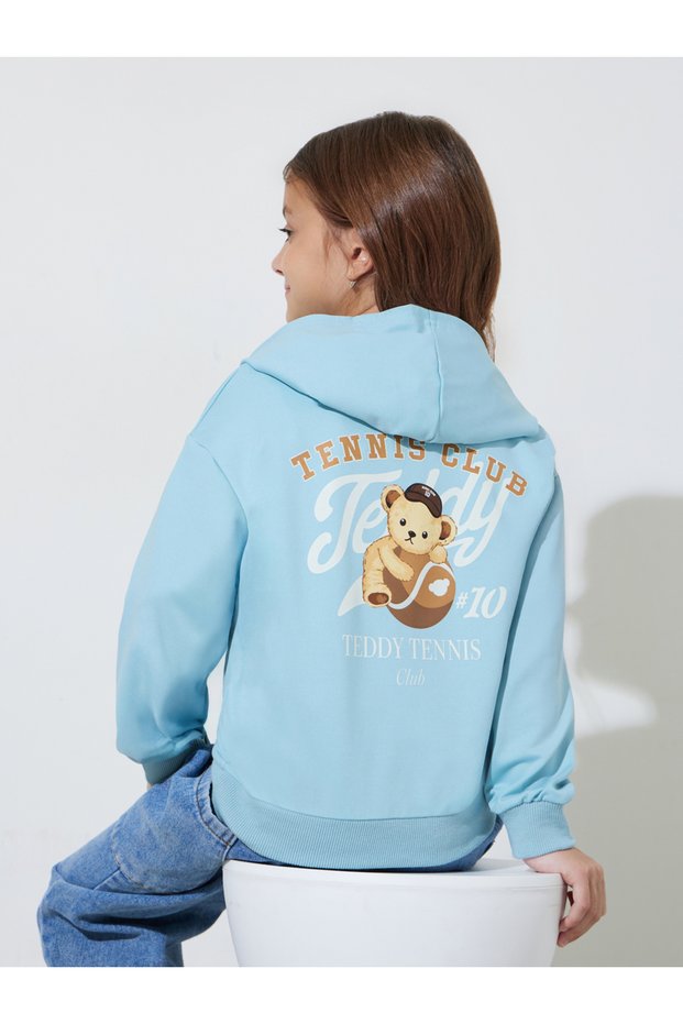 Girls Blue Graphic Print Oversized Hoodie