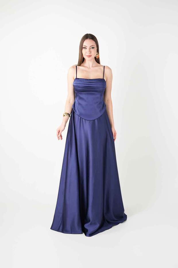 Satin Fabric Drawstring Detailed Strap Evening Dress - Dark Blue