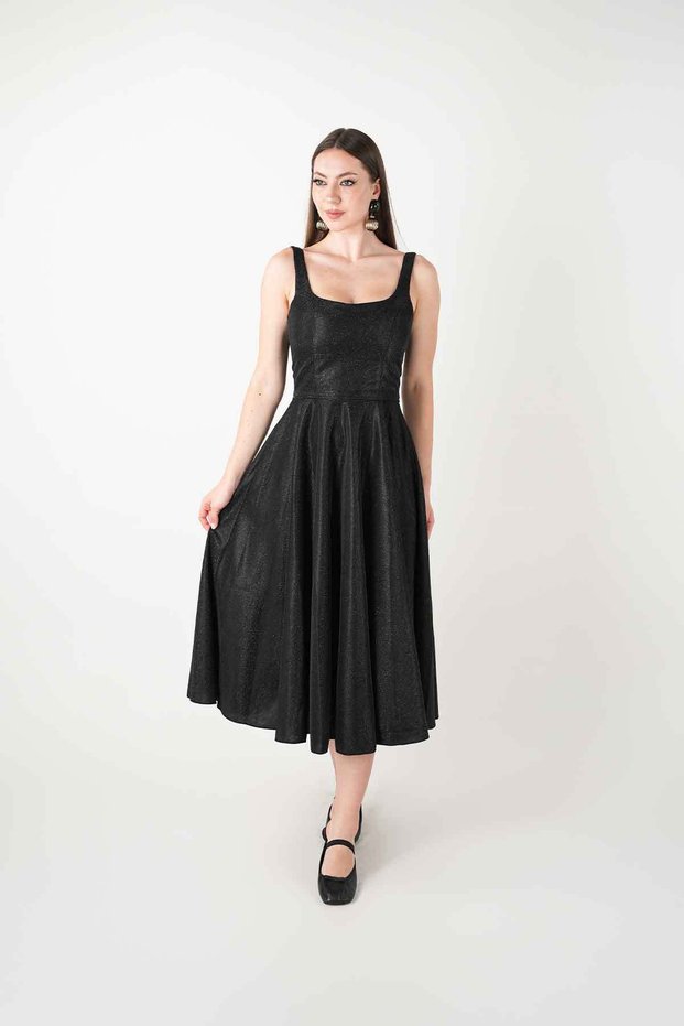 Glitter Fabric Strap Midi Dress - Black