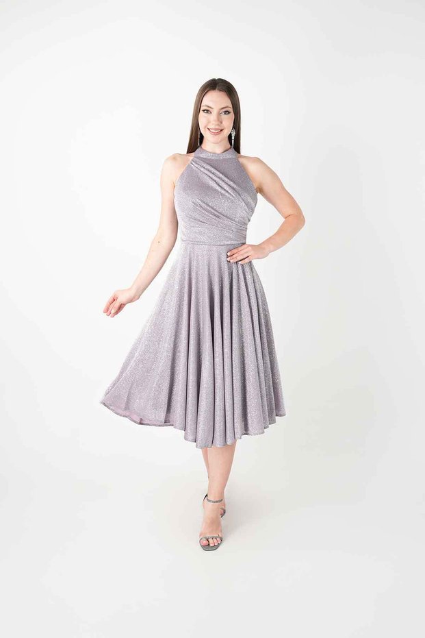 Glittery Fabric Halter Neck Midi Dress - Li̇la