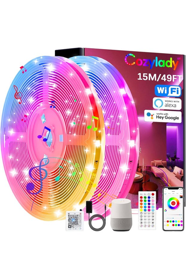 شرائط إضاءة LED ذكية بتقنية واي فاي بطول 15 متر متوافقة مع أليكسا وجوجل هوم، يتم التحكم بها عبر التطبيق - مزامنة الموسيقى LE