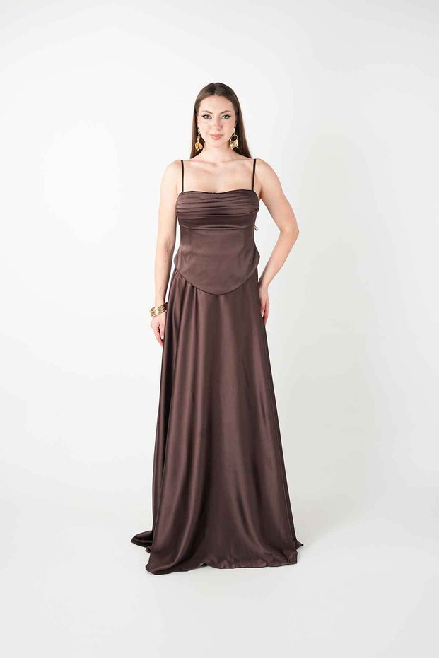 Satin Fabric Drawstring Detailed Strap Evening Dress - Brown