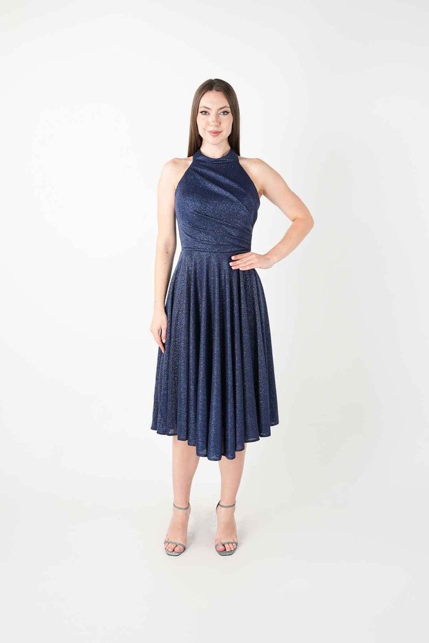 Glittery Fabric Halter Neck Midi Dress - Dark Blue