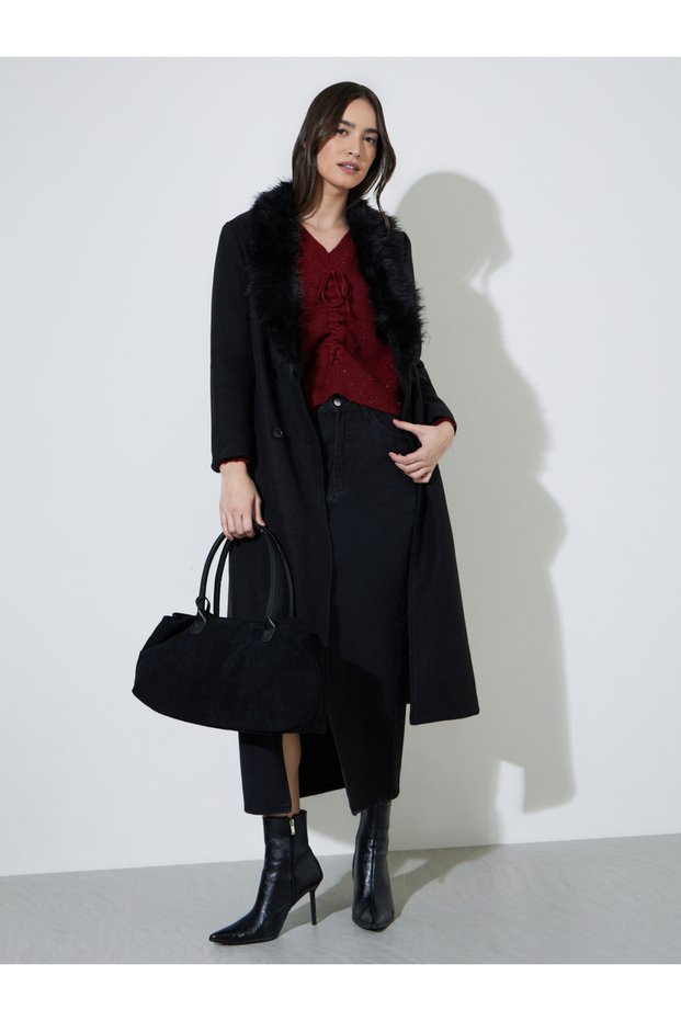 Black Regular Fit Wool-Like Coat with Faux Fur Collar