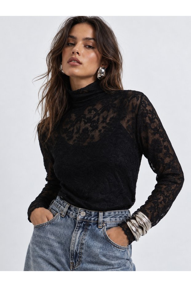 Black Lace High Neck Fitted T-Shirt