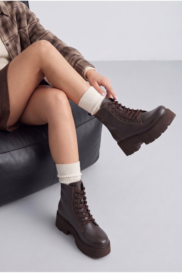 Women's Dark Brown Lace-Up Thick-Soled Combat Boots