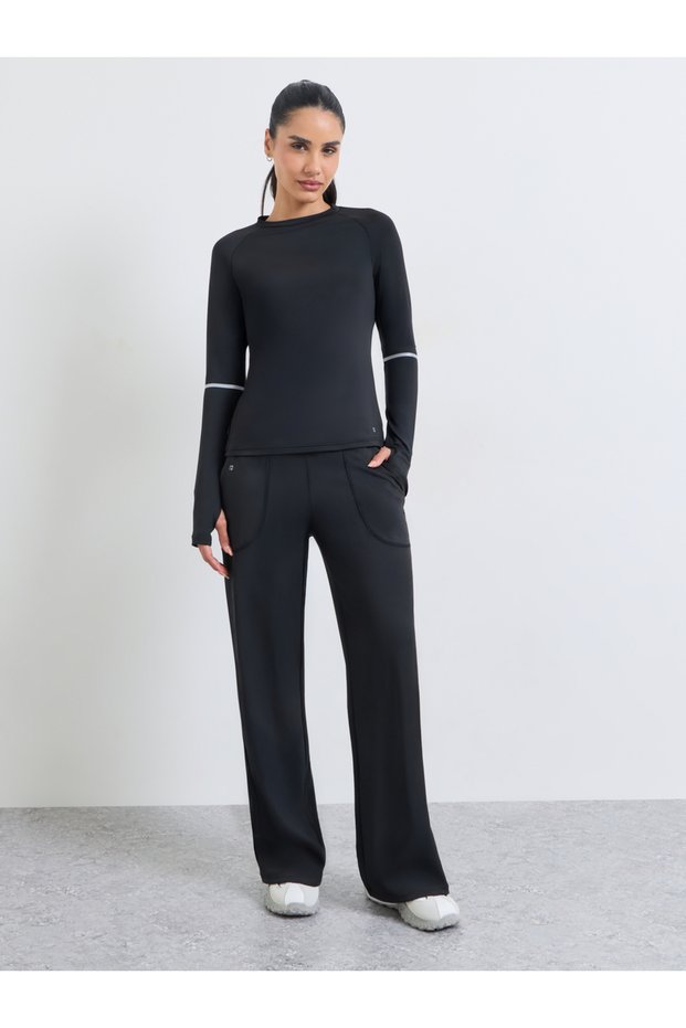 Black Reflective Stripe Thumbhole Top and Broad Waist Loose Straight Pants Set