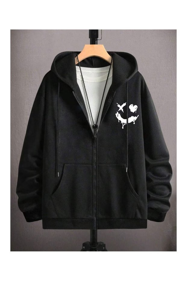 Cardigan - Black Printed Winter Oversized Hooded Zippered Pocketed Cardigan Unisex Clothing