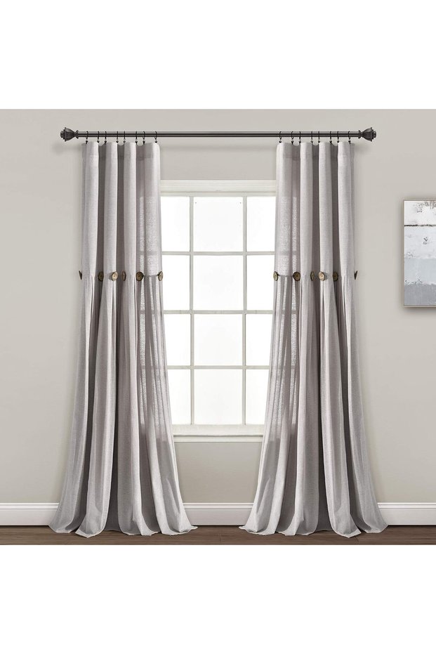 Linen Button Window Curtain, Single Panel, Grey, 213 cm L x 101 cm W