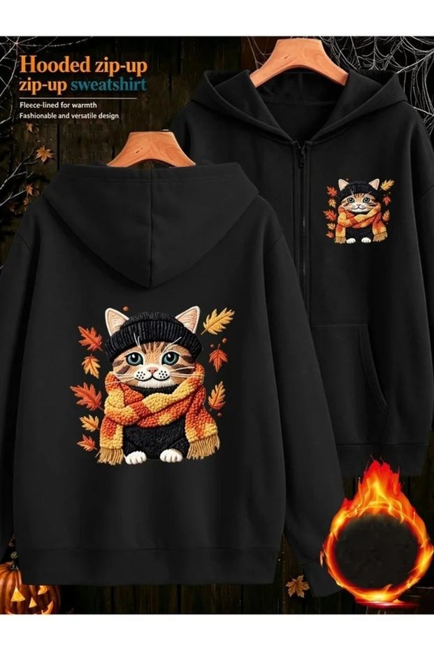 Cardigan - Black Printed Winter Oversized Hooded Zippered Pocketed Cardigan Unisex Clothing
