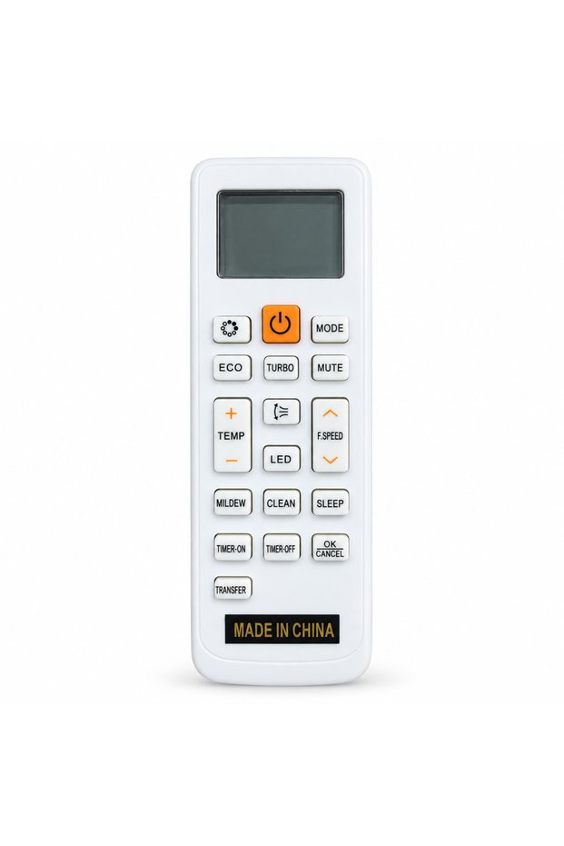 جهاز تحكم عن بعد أبيض اللون لوحدة التكييف، مزود بشاشة LCD.