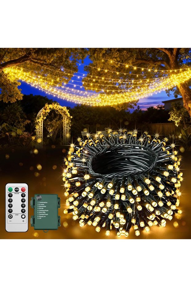 أضواء زينة، 10 أمتار، 100 مصباح LED، تعمل بالبطارية، مع جهاز تحكم عن بعد، 8 أوضاع إضاءة، مؤقت.