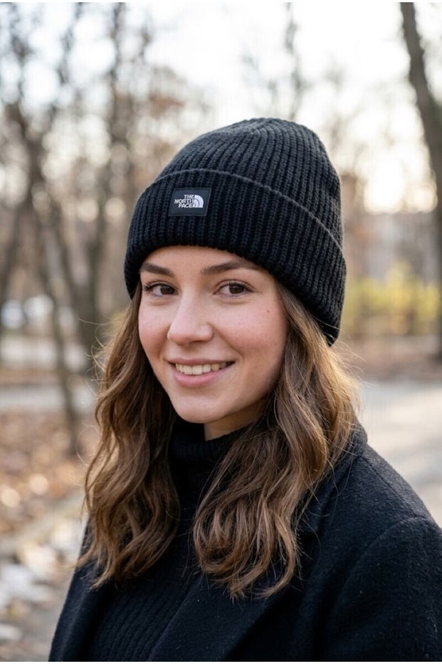Tnf logo box cuffed knit beanie for women and men, warm winter outdoor acrylic beanie.