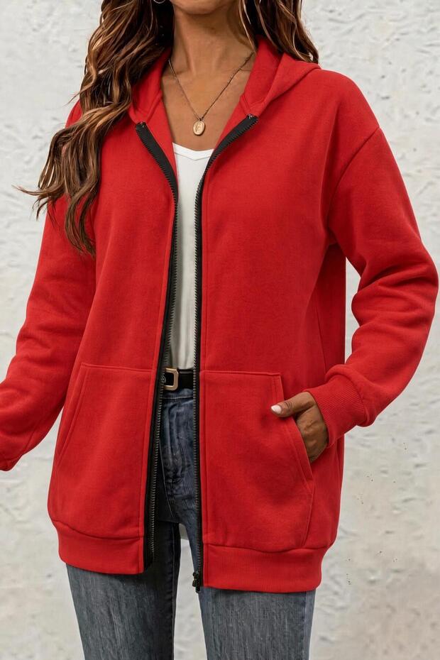 Moxy Unisex Zippered Hooded Two-Thread Raster Sweatshirt Comfortable Fit Basic Cardigan with Kangaroo Pocket