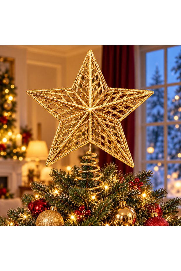 Gold Metallic Christmas Tree Top Star, 24 cm, Glittery, Large-Size Fir Tree Topper