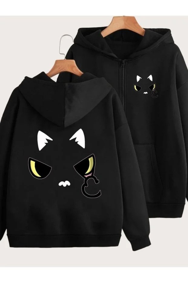 Cardigan - Black Printed Winter Oversized Hooded Zippered Pocketed Cardigan Unisex Clothing