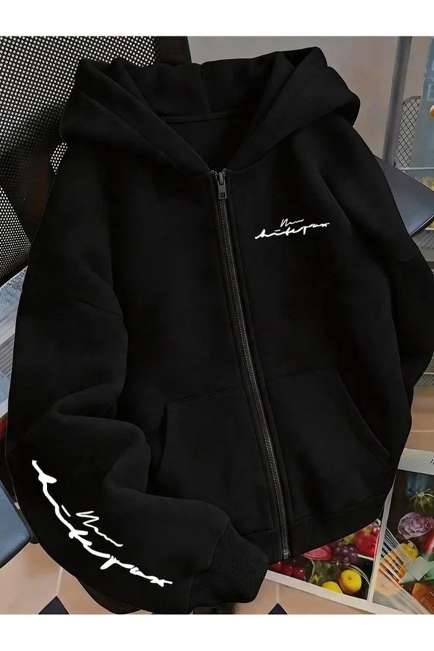 Cardigan - Black Printed Winter Oversized Hooded Zippered Pocketed Cardigan Unisex Clothing