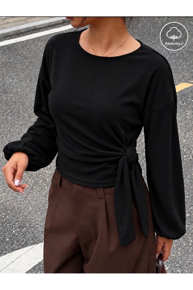 Cotton Side-Tie Balloon-Sleeve Blouse 0275