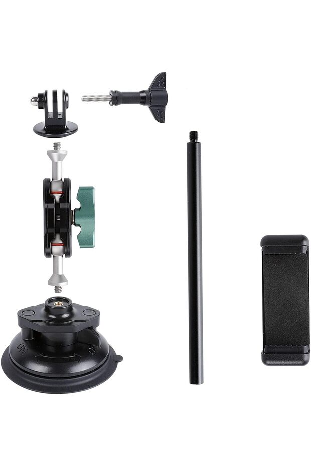 Camera Suction Cup Mount with Phone Holder and Action Camera Adapter, Adjustable Car Windshield Brac