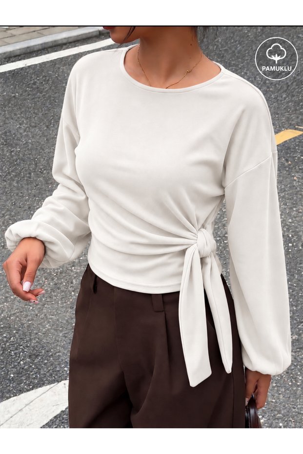 Cotton Side-Tie Balloon-Sleeve Blouse 0275