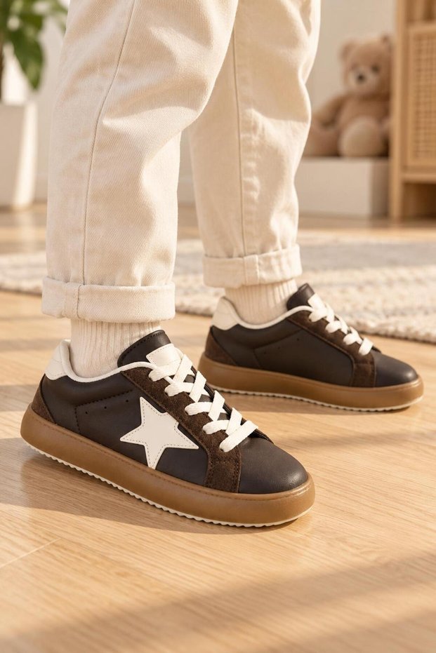 Unisex Rubber Sole, Lace-Up Casual Sneakers for Girls and Boys with Star Details
