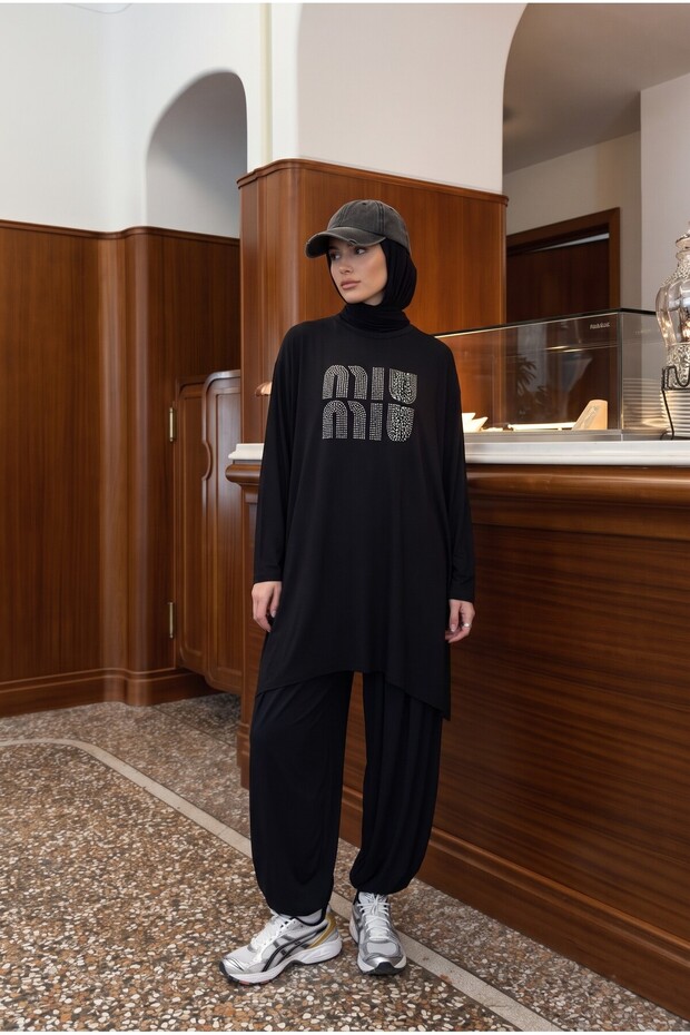 Women's Black Stretch Fabric Tunic with Stone-Embellished Design, 90 cm, Stretchy Cotton Jersey Tunic CODE: JS26PENYETNK-M