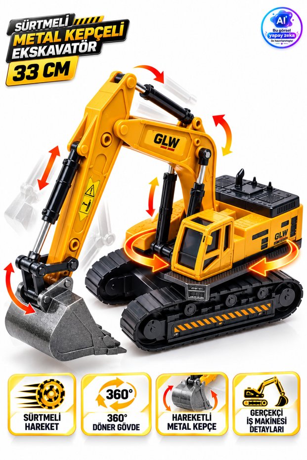 Rubber-Tired Metal Bucket Excavator, 33 cm – 360° Rotating Body, Articulated Arm, Tracked Toy Construction Machine