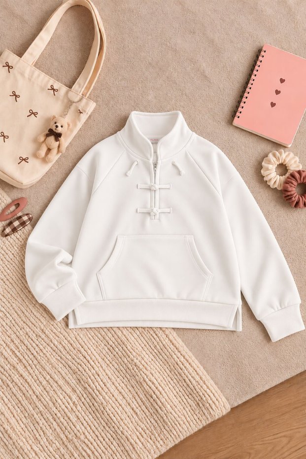 White Girls' Sweatshirt with Chinese-Style Buttons, Zipper Collar, and Long Sleeves 25117