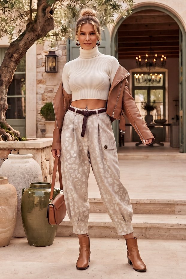 Italian Ecru Pocketed, Belted, Elasticated Hem, Harem-Style Pants with Jacquard Woven Velvet, Size 94 70