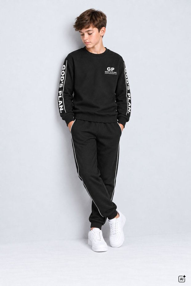 Black Boys' Sweatsuit Set with Striped Detail and Printed Text, Crew Neck, 25014