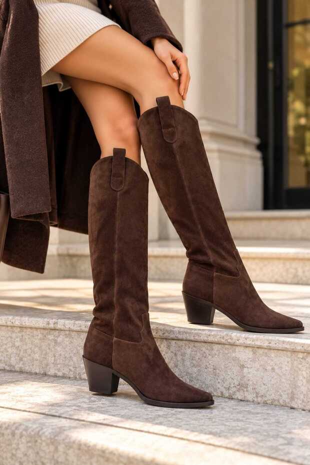 Petunya Women's Western Cowboy Boots, Genuine Suede Leather, True to Size, Comfortable, P318—Suede Brown