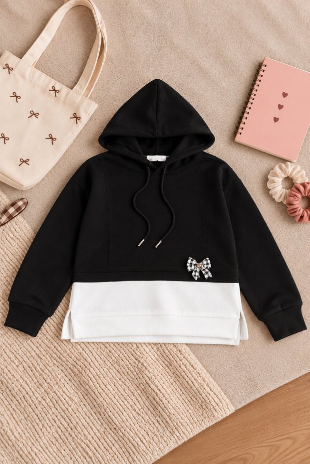 Black Girls' Two-Tone Sweatshirt with Bow Detail and Hood 25116