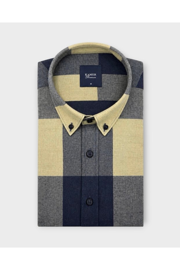 WINTER REGULAR FIT BUTTON-DOWN COLLAR SINGLE-POCKET CHECKED BEIGE SHIRT 4122E