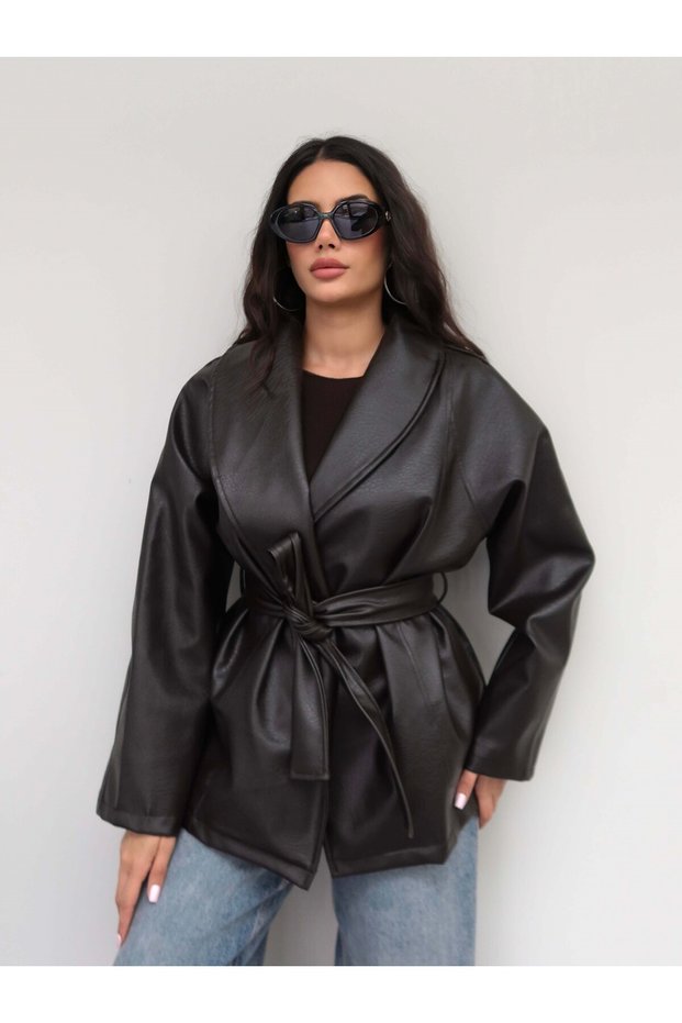 Blazer-Style Leather Jacket with Shawl Collar and Belted Design