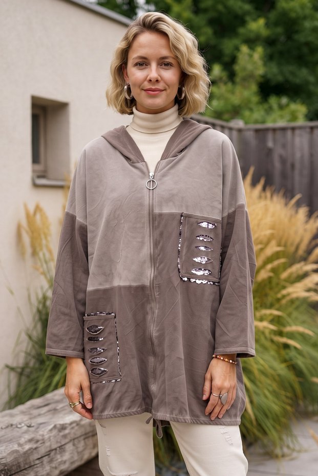 Italian Taupe Color Hooded Long-Sleeve Zipper-Front Washed Sequin-Embellished Knit Jacket 75 78