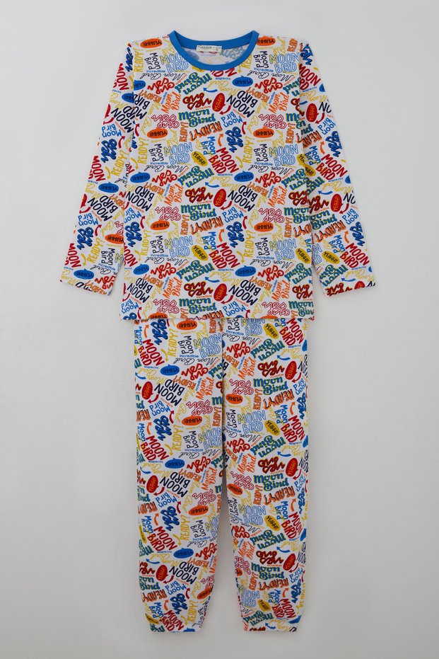Boys' Pajama Set with Colorful Lettering Pattern, Ages 9–12, White