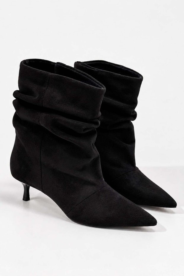 Black Suede Women's Loose-Fitting, Ruched, Pointed-Toe, Block-Heel Boots