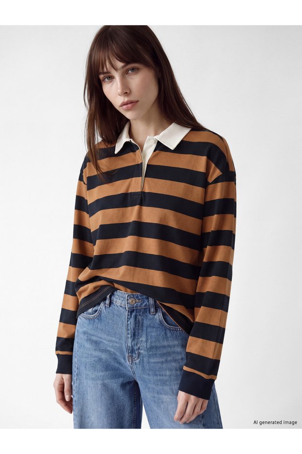 TWO MT SHOP QUALITY LCW Vision Brown Striped Women's polo collar sweatshirt