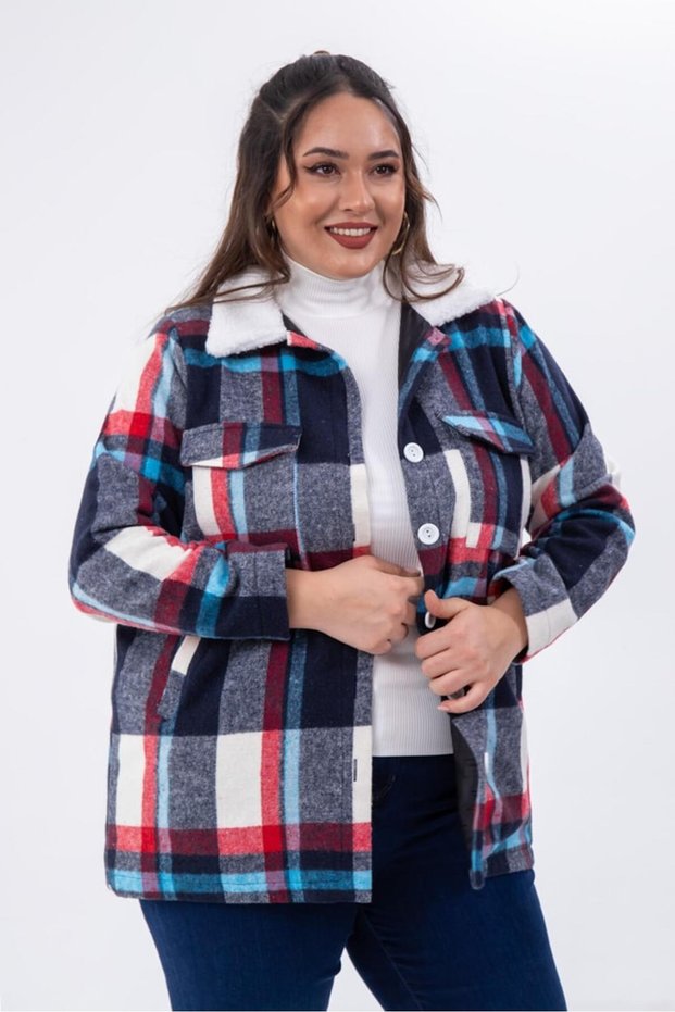 Plus Size Welsoft Fleece Collar Flannel Shirt, Blue-Red
