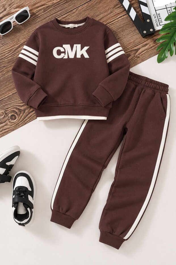 Brown Boys' Summer Embroidered Crew Neck Sweatsuit with Zipper 25053