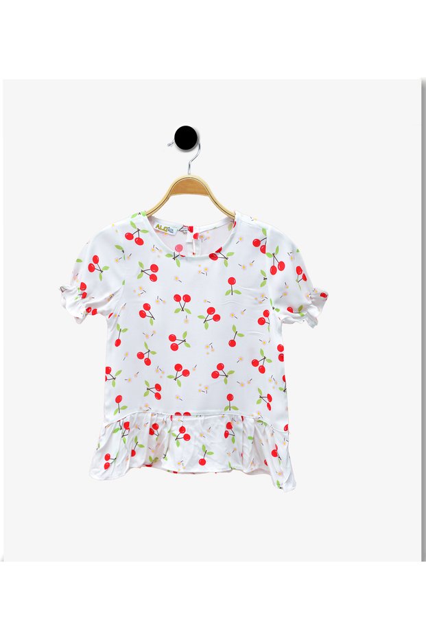 Girls' Cherry-Print, Puffed-Sleeve, Crew-Neck Summer Cotton Blouse