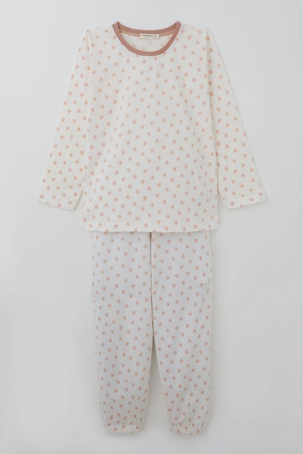 Girl's Pajama Set, Flower Patterned, Age 4-8, Ecru