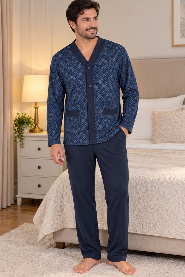 Men's Long-Sleeved, 100% Cotton, Full-Length Button-Down, Pocketed Pajama Set