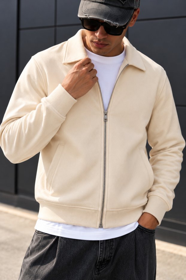 Men's Beige Polo Collar Zipper Jacket