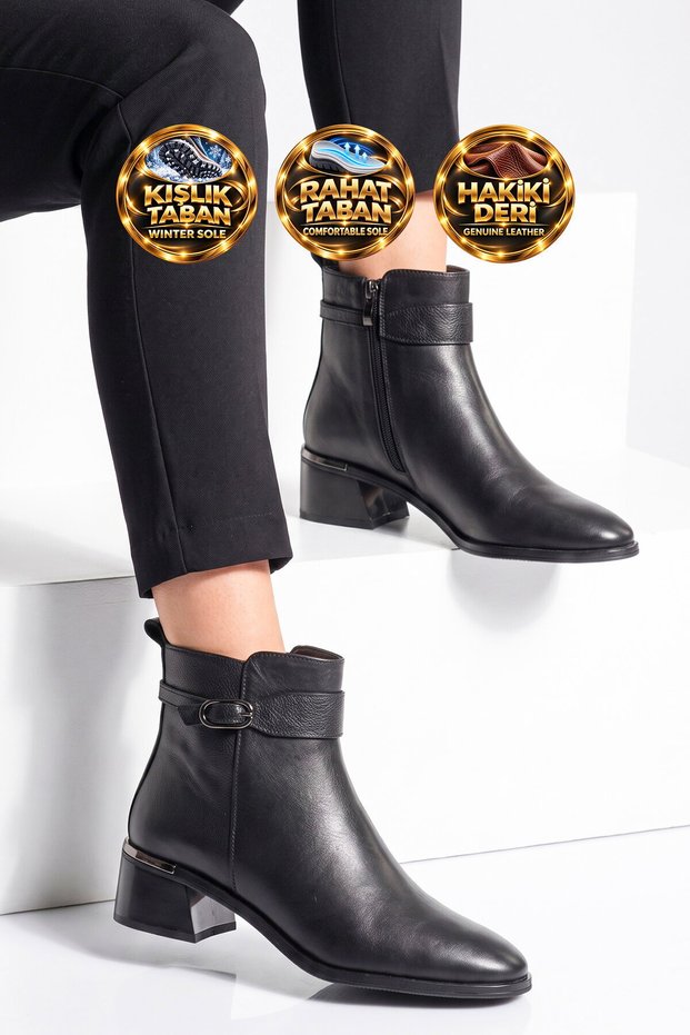 Black Genuine Leather Zip-Up Women's Heeled Boots with Fleece-Lined Insulation 9783-1