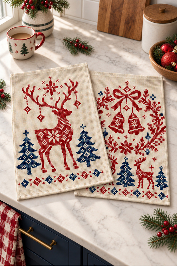 Nordic Stitch Digitally Printed 2-Piece Kitchen Towel Set with Nordic Reindeer and Wreath Patterns, 35x55 cm