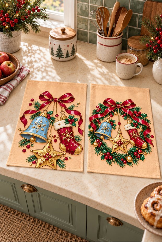 Digitally Printed 2-Piece Kitchen Towel Set with Ribbon, Christmas Bell, and Christmas Stocking Patterns, 35x55 cm