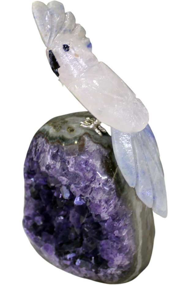 Latas Natural Hand Carved Rose Quartz with Lapiz Sone Parrot Bird in Amethyst Raw Geode Cluster Base | Positivity and Balance Theme | Home Decor and Meditation & Gift 04