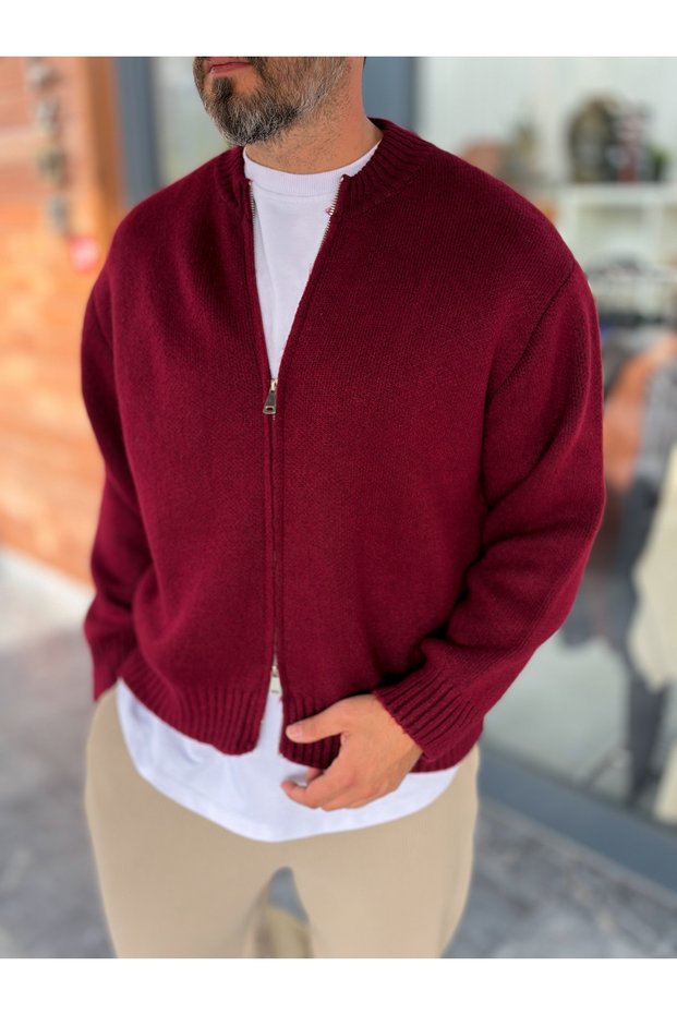 Burgundy Basic Knit Cardigan with Zipper PM-017