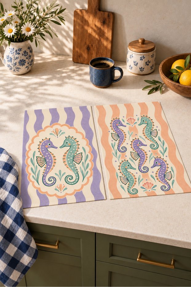 Seahorse Duo Seahorse-Patterned Digitally Printed 2-Piece Kitchen Towel Set, 35x55 cm